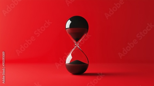 A classic hourglass with dark sand on a vibrant red background during a minimalist display photo