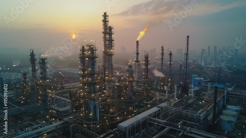 Aerial View of Industrial Oil Refinery at Dusk