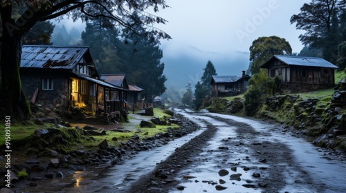 Mystical Forest Cabins at Twilight.