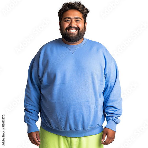 Front view mid body shot of an extremely fat 25-year-old Indian man in a cobalt blue crewneck sweater and neon green sweatpants, smiling at the camera, isolated on a white transparent background photo