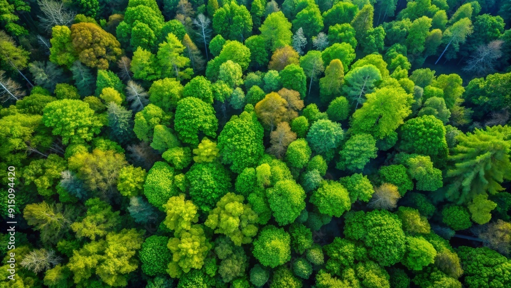 Naklejka premium Aerial View of Lush Green Forest Canopy - Bird's-Eye Perspective, Vibrant Greens and Blues, Summer Foliage, Nature, Woodland, Trees, Ecosystem