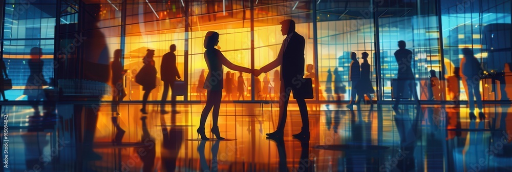 Two business professionals warmly shake hands in front of a modern office building as evening light creates a vibrant atmosphere. Generative AI Two business professionals warmly shake hands in front of a modern office building as evening light creates a vibrant atmosphere. Generative AI