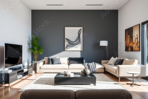 Modern minimalist living room with clean lines  neutral tones  and sleek furniture creating a serene and uncluttered space perfect for contemporary interior design.