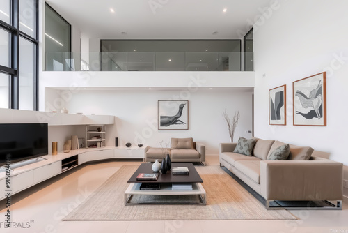 Modern minimalist living room with clean lines  neutral tones  and sleek furniture creating a serene and uncluttered space perfect for contemporary interior design.