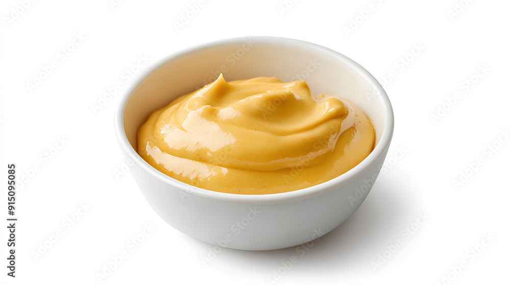 white bowl with chipotle aioli made with mayonnaise, chipotle peppers in adobo sauce, garlic, and lime juice, isolated on a white background, side and top view white bowl with chipotle aioli made with mayonnaise, chipotle peppers in adobo sauce, garlic, and lime juice, isolated on a white background, side and top view