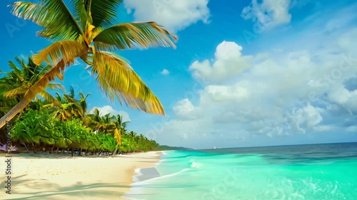 Stroll along a serene Caribbean beach with turquoise waters and swaying palm trees under a bright blue sky photo