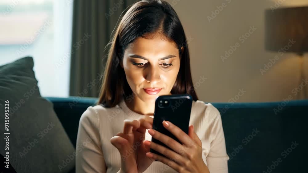 Leisure Time: Woman Sitting on Couch and Engaging with Smartphone Leisure Time: Woman Sitting on Couch and Engaging with Smartphone