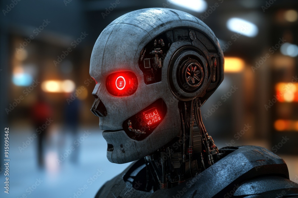 Humanoid Robot with a Red Glowing Eye Standing in a Busy Urban Setting Representing the Intersection of Advanced Robotics and Modern Society. Humanoid Robot with a Red Glowing Eye Standing in a Busy Urban Setting Representing the Intersection of Advanced Robotics and Modern Society.