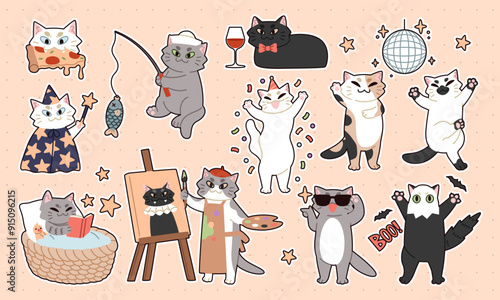 Cute cat sticker. Funny pets. Happy kittens play. Birthday fun. Kitty life. Animals draws and eats. Painting on easel. Sleepy mammal relax. Halloween masquerade. Vector cartoon feline characters set