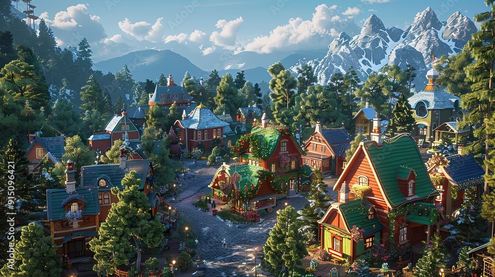 Whimsical village nestled among pine trees, with brightly colored cottages and a central market square bustling with holiday cheer Whimsical village nestled among pine trees, with brightly colored cottages and a central market square bustling with holiday cheer