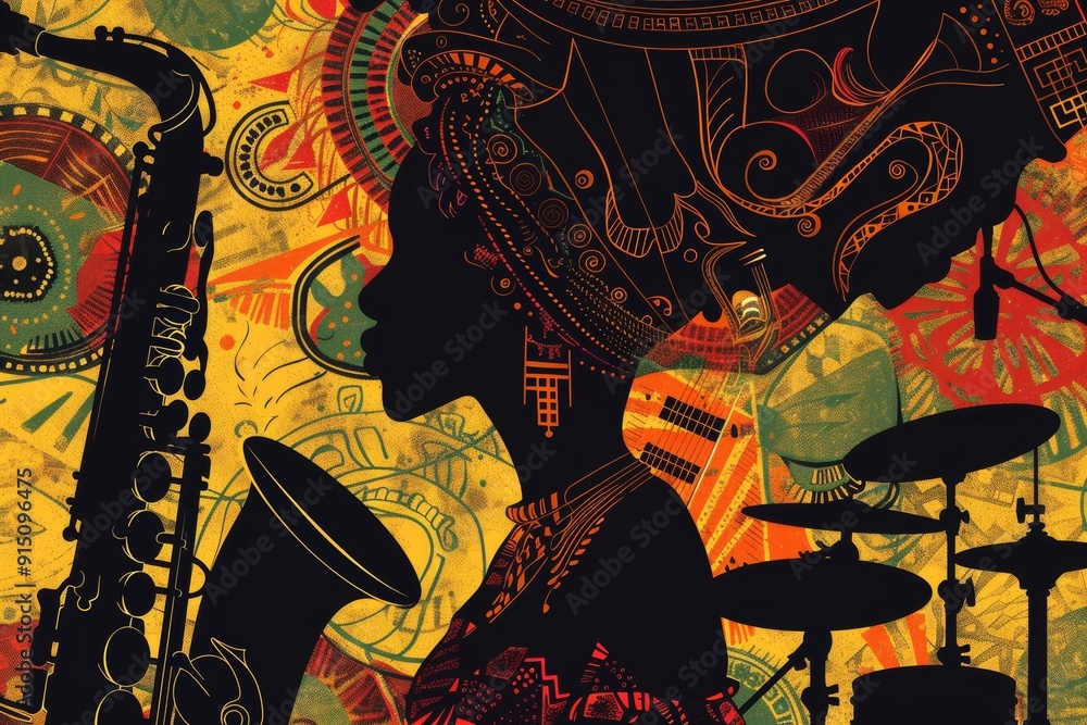 Φωτογραφία African music, woman silhouette and musical instruments, color poster, flyer tem