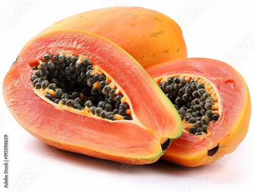 Ripe papaya halves revealing black seeds and vibrant orange flesh on a white background