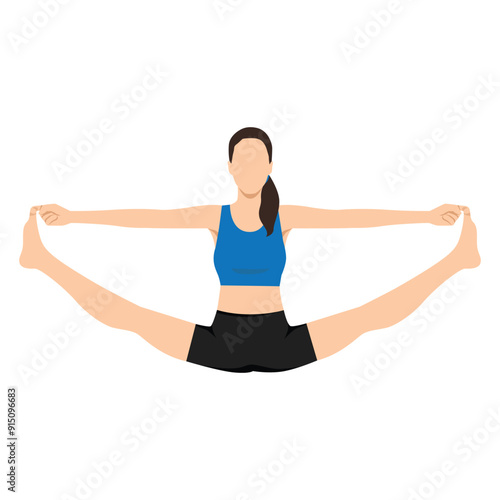 Woman doing Spinal Column Pose, Upward Seated Straddle Pose, Balancing Bear Pose or Merudandasana. Flat vector illustration isolated on white background