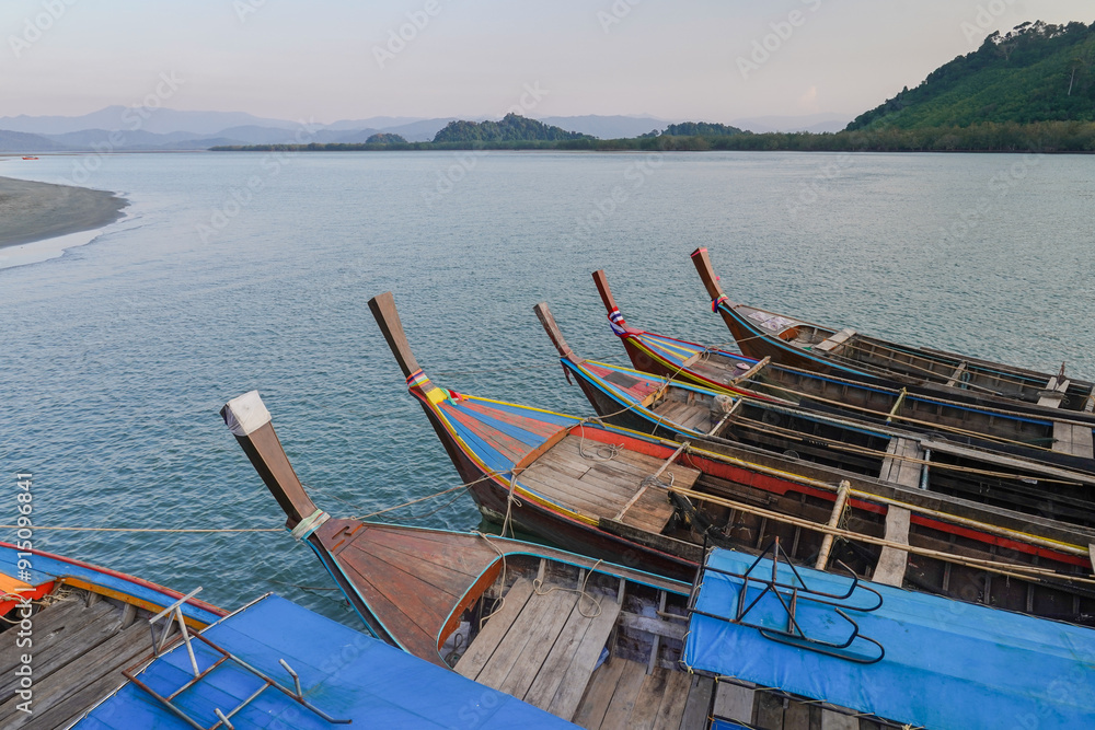 Close up Small fishing boats anchored in the sea Close up Small fishing boats anchored in the sea