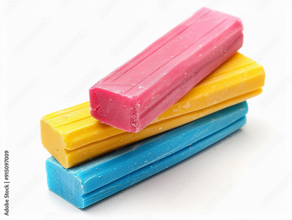 Colorful chalk sticks stacked on a white background with bright hues of pink, yellow, and blue Colorful chalk sticks stacked on a white background with bright hues of pink, yellow, and blue