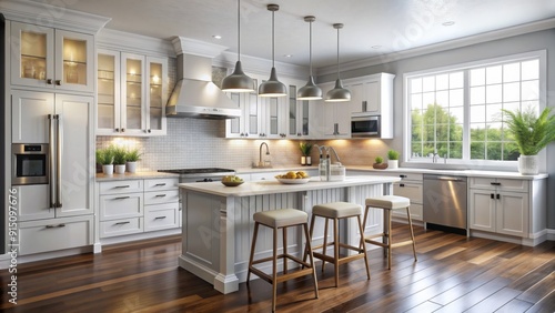 Modern White Kitchen with Island  Three Pendants  and Hardwood Floors - Interior Design  Home Decor  Kitchen Inspiration  Contemporary Style  Open Concept Kitchen