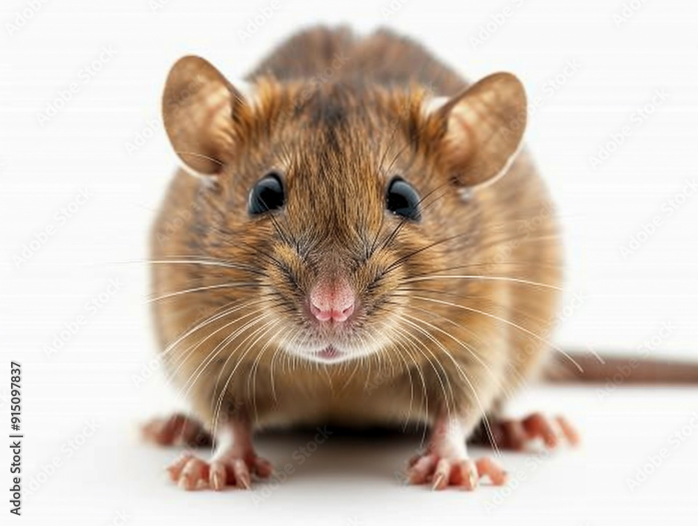 A close-up of a curious brown mouse with prominent whiskers and bright eyes, sitting on a white surface A close-up of a curious brown mouse with prominent whiskers and bright eyes, sitting on a white surface