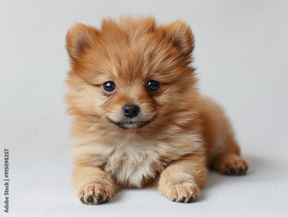 A playful Pomeranian puppy resting on a soft surface, showcasing its fluffy coat and curious expression A playful Pomeranian puppy resting on a soft surface, showcasing its fluffy coat and curious expression