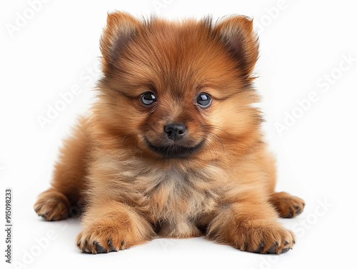 Adorable Pomeranian puppy lying on a white background during a bright afternoon