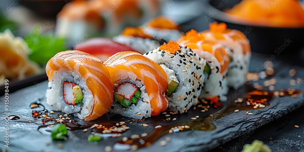 Set of sushi and rolls, Japanese food concept Set of sushi and rolls, Japanese food concept