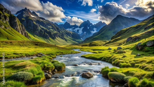 Serene Stream Winding Through Majestic Mountains - A Digital Painting with Vibrant Colors and Lush Greens - Landscape, Nature, Mountain, Stream, Meadow