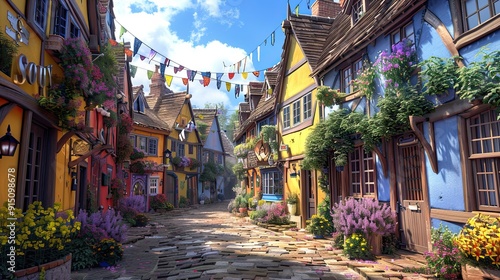 Charming village street lined with quaint cottages painted in cheerful shades of lemon yellow, sky blue, and lilac, each decorated with garlands