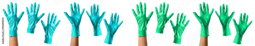 Obraz premium 2 Set of back and front of hand wearing turquoise blue green protective disposable rubber latex gloves on transparent cutout PNG. Mockup template for artwork design