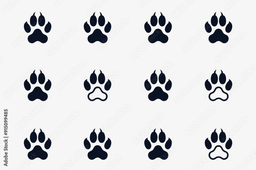 Fototapeta premium Paw footprint icon, animal foot print, dog step, wolf trail, bear trace silhouette, paw footprint on white