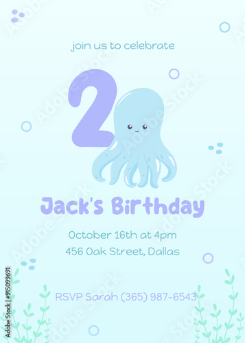 Invitation for under the sea second birthday party in flat cute style. Underwater style invitation for kids party in soft blue purple colors with happy blue octopus. Marine life postcard children photo