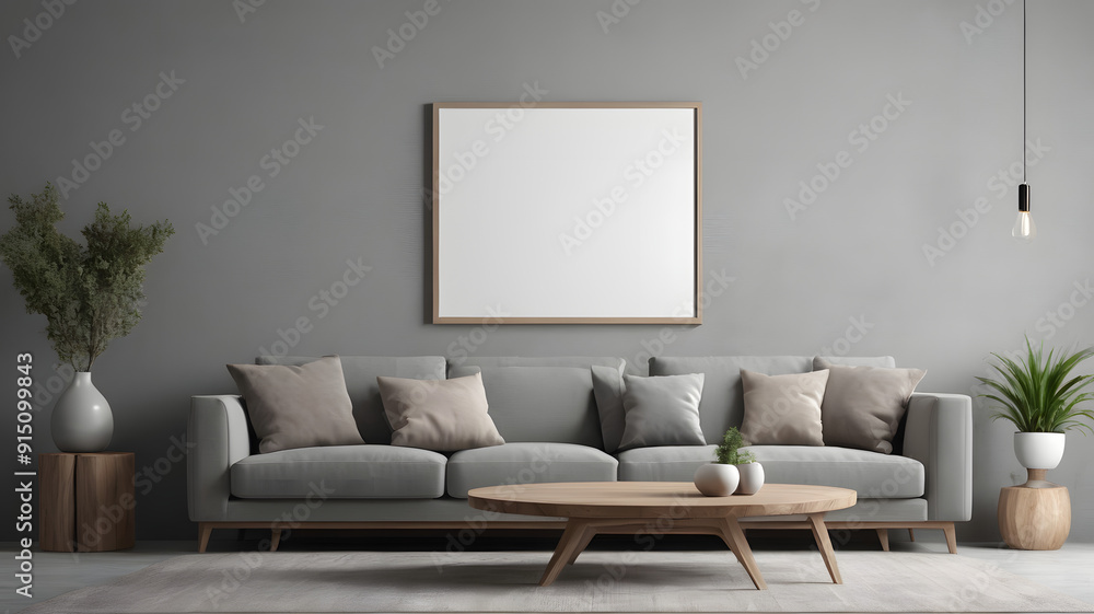 Fototapeta premium Modern cozy mock-up and decoration furniture of the living room and empty canvas frame on the Gray wall texture background, 3D rendering 