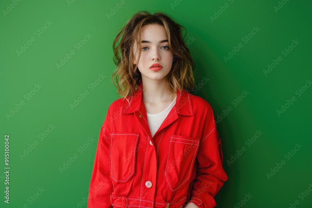 A woman wearing a bright red jacket stands against a green wall, with a simple yet striking visual composition A woman wearing a bright red jacket stands against a green wall, with a simple yet striking visual composition