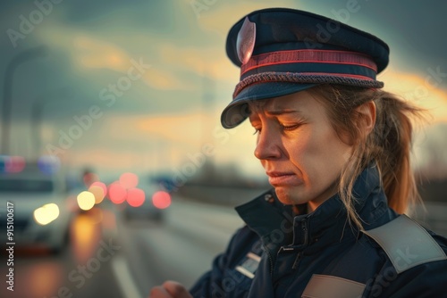 A woman in police uniform examining her cell phone, possibly receiving an important message or checking updates