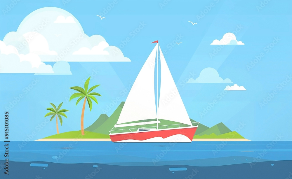 Illustration of a Sailboat on the Sea with Tropical Island Background