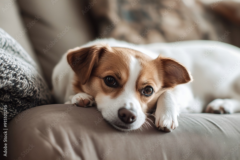 Adorable Dog Relaxing on Sofa in Cozy Home Interior Adorable Dog Relaxing on Sofa in Cozy Home Interior