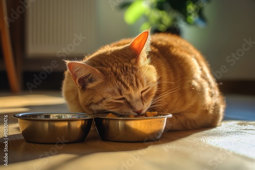 Feasting Feline: A Ginger Cat Enjoying a Meal from Two Bowls on the Floor, Capturing the Pet's Focused and Contented Expression During Feeding Time. photo