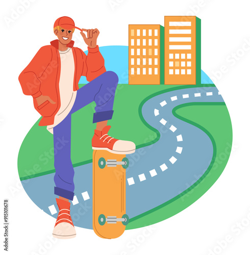 Active hobby. Cartoon guy with skateboard. City road. Urban buildings. Happy skateboarder. Street sport. Trendy casual man. Extreme craft. Teenagers leisure. Young person in skatepark. Vector concept