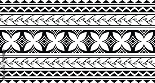 Polynesian tattoo design tribal border.Tribal design ethnic ornament maori band.Samoan Tattoo ribbon sleeve bracelet.Fabric seamless isolated hawaiian armband pattern on white background.