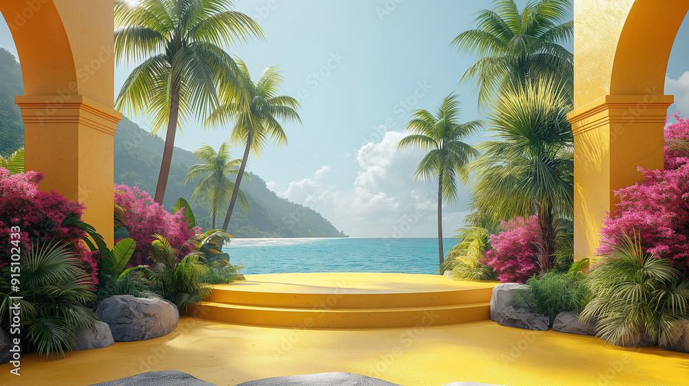Fototapeta premium Tropical beach scene with palm trees, blue water, and a yellow stone archway. The scene is bright and sunny