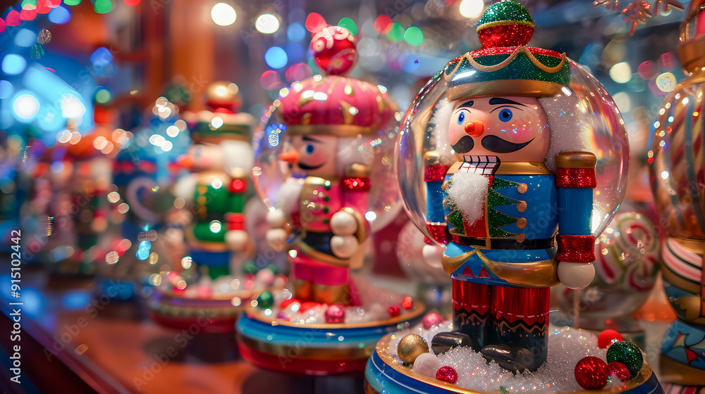 A whimsical display of nutcracker figurines, colorful candy canes, and sparkling snow globes, capturing the magic of the season A whimsical display of nutcracker figurines, colorful candy canes, and sparkling snow globes, capturing the magic of the season