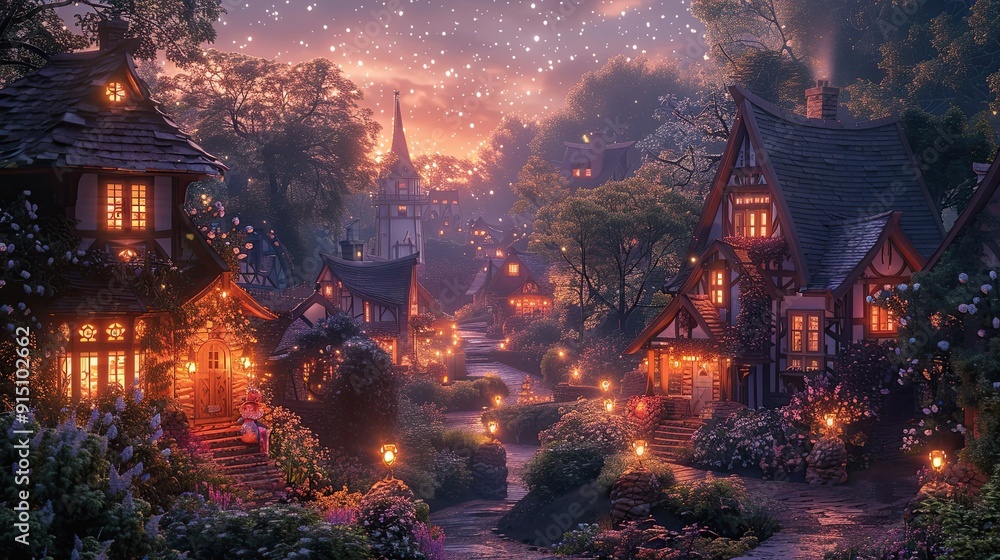 Naklejka premium Fairy-tale town with houses painted in soft pastels like peach, mint, and lavender, illuminated by lanterns and twinkling stars in the evening sky 