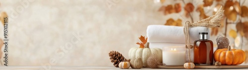 Autumn spa setting with pumpkins, candles, and bath products, creating a warm and relaxing atmosphere perfect for fall pampering.