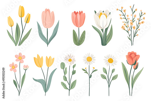 Wallpaper Mural Set of hand-drawn bouquet of spring flowers isolated on white background. Floral composition. illustration Torontodigital.ca