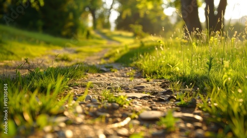 A Close-up View of a Path Through a Sunlit Forest