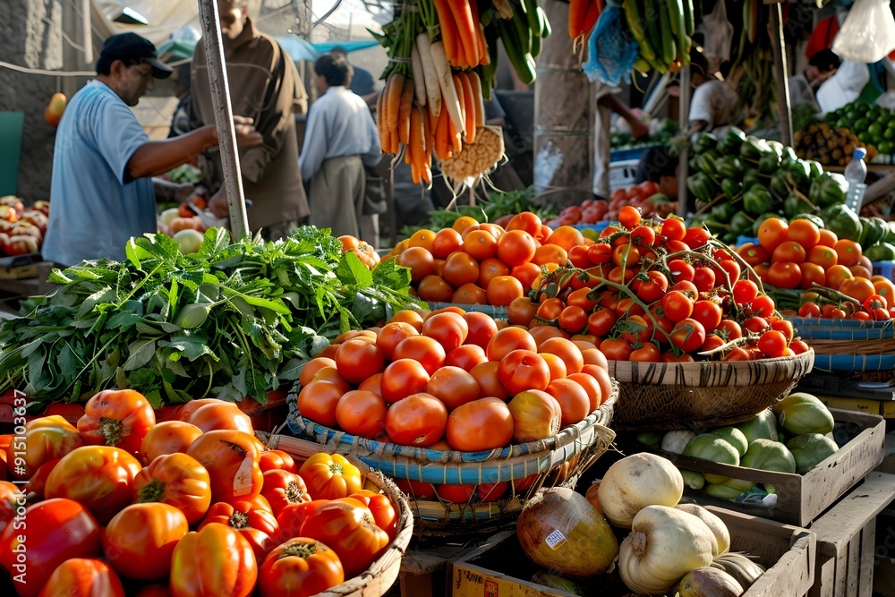 Fresh Tomatoes and Vegetables at a Market Stall. Fresh Tomatoes and Vegetables at a Market Stall.