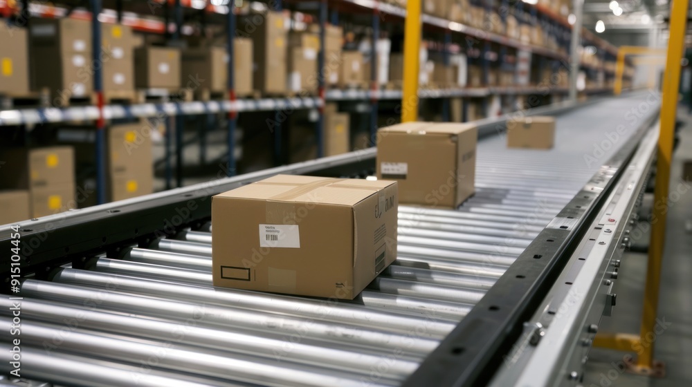 Cardboard boxes moving on a conveyor belt in a warehouse. Cardboard boxes moving on a conveyor belt in a warehouse.