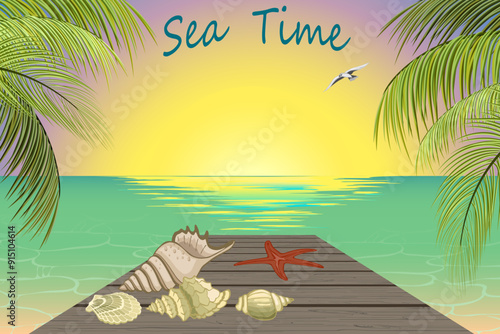 Sunrise at the seaside in illustration.Color vector illustration of sunrise on the background of the sea.