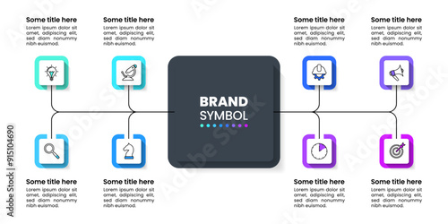 Infographic template. 8 linked squares with icons on the title in the middle