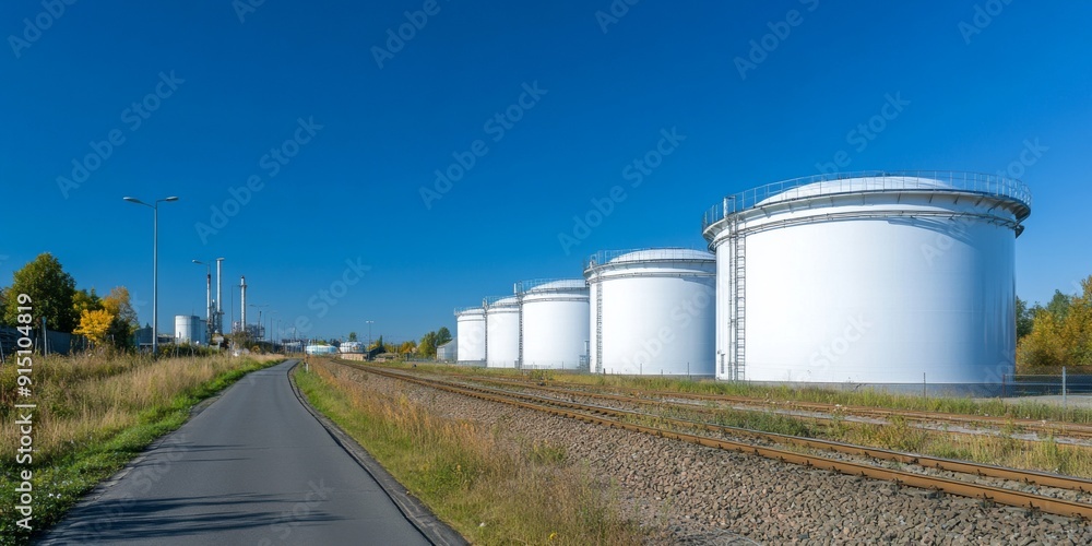 Fototapeta premium Sustainable Industrial Power: Towering White Storage Tanks by the Roadside and Railway, Set Against a Pristine Blue Sky