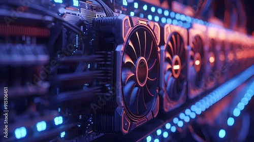 Close-up of GPU Fans in a Server Rack. photo