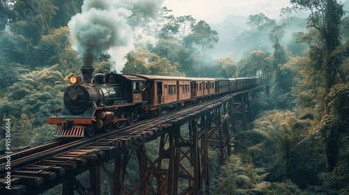 The train passes over an old, sturdy bridge that runs through a dense, tropical forest. The beautiful green jungle surrounds the bridge, emphasizing the isolation and picturesqueness of the place.
 photo